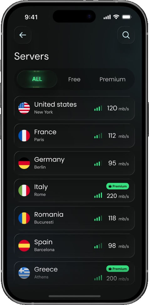 ZeloVPN server list on iPhone.